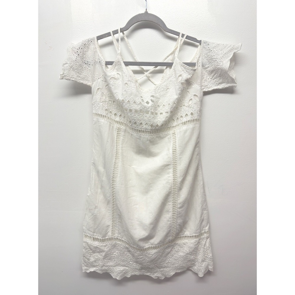 Skies Are Blue White‎ Cotton Eyelet Lace Off The Shoulder Knee Length  XS #45